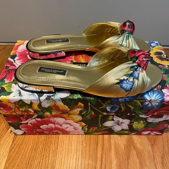 Dolce & Gabbana metallic gold with blue and red flower slides /sandals 36 - Picture 3 of 12